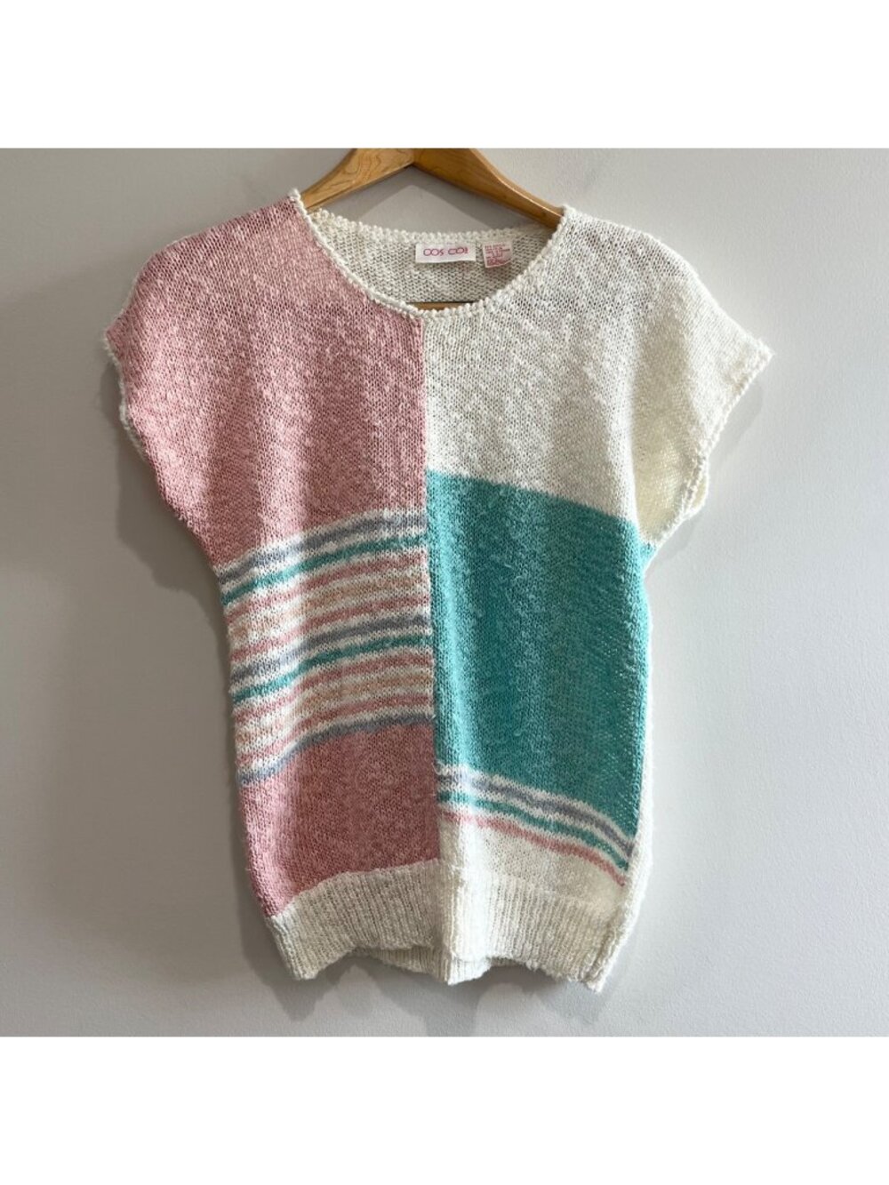 Cos Cob Vintage 80s Color Block Sweater Womens L Pastel Cap Sleeve